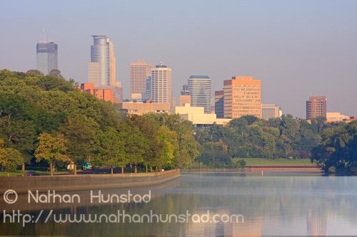 Downtown Minneapolis behind the Mississippi River.